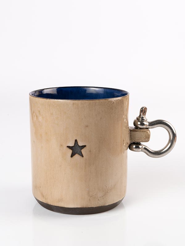 sailor-mug-bej-kobalt-yıldızlı Metal Kulplu Kahve ve Çay Mug Bej, Kobalt Yıldızlı 270ml - Görsel 1